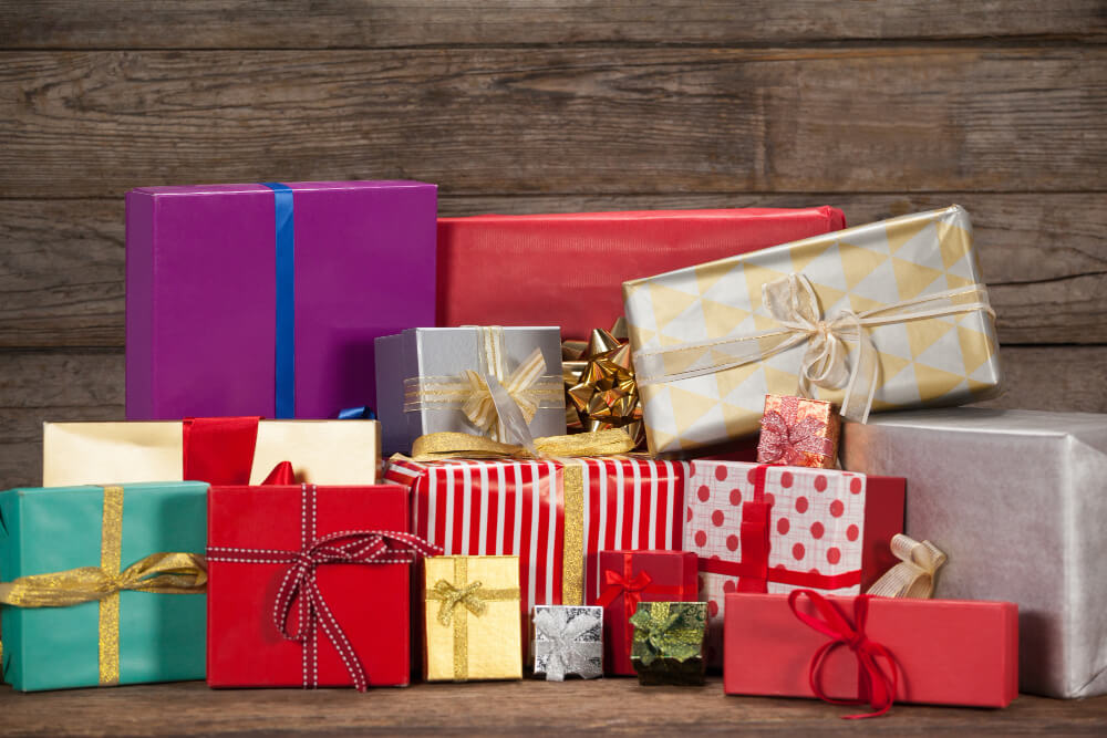 image contains gifts wrapped to the various boxes