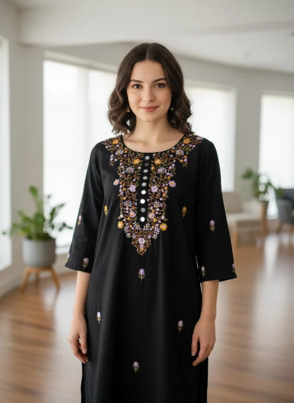 Maa N Mee Black Embroidered Kurti with Mirror Work