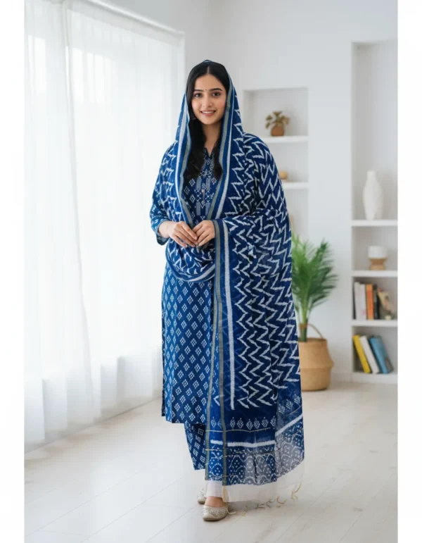 Maa N Mee Indigo Blue Ikat and Chevron Printed Kurta Set