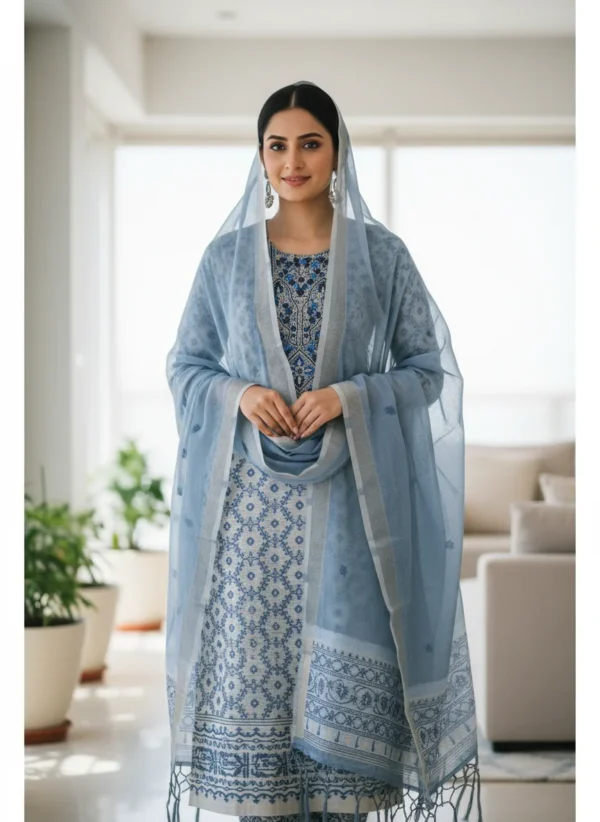 Maa N Mee Dusty Blue Printed & Embroidered Kurta Set