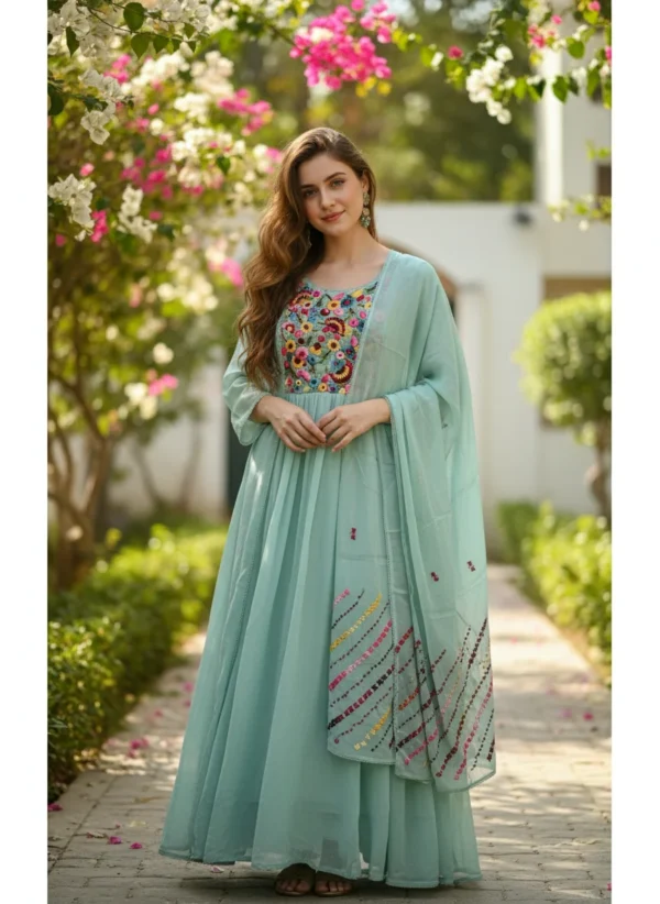 Maa N Mee Mint Green Floral Embroidered Anarkali Set