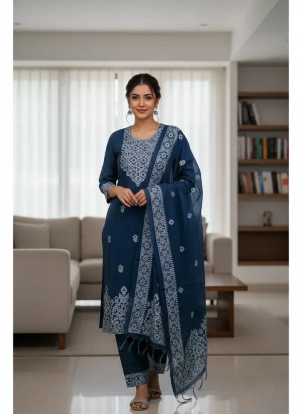 Maa N Mee Indigo Blue Chikankari Style Embroidered Kurta Set
