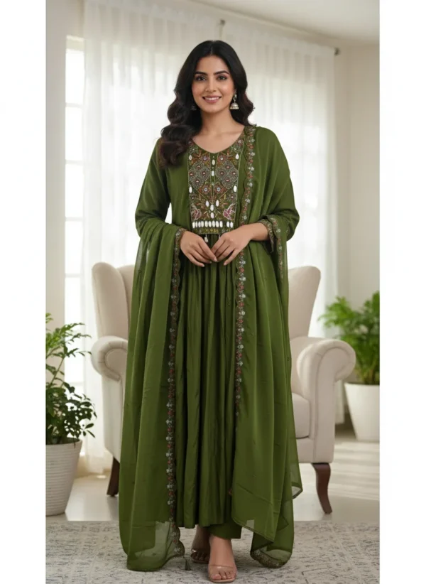 Maa N Mee Olive Green Anarkali Kurta Set