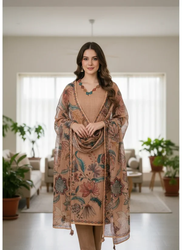 Maa N Mee Beige Kalamkari Style Printed Kurta Set