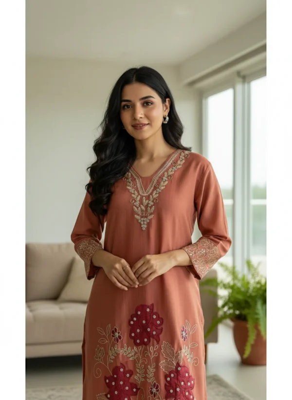 Maa N Mee Peach Floral Embroidered Kurti Set