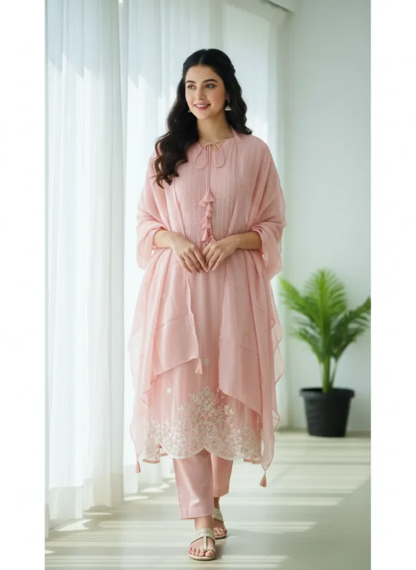 Maa N Mee Pastel Pink Layered Embroidery Kurta Set