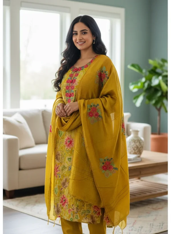 Maa N Mee Mustard Floral Print & Embroidered Kurta Set