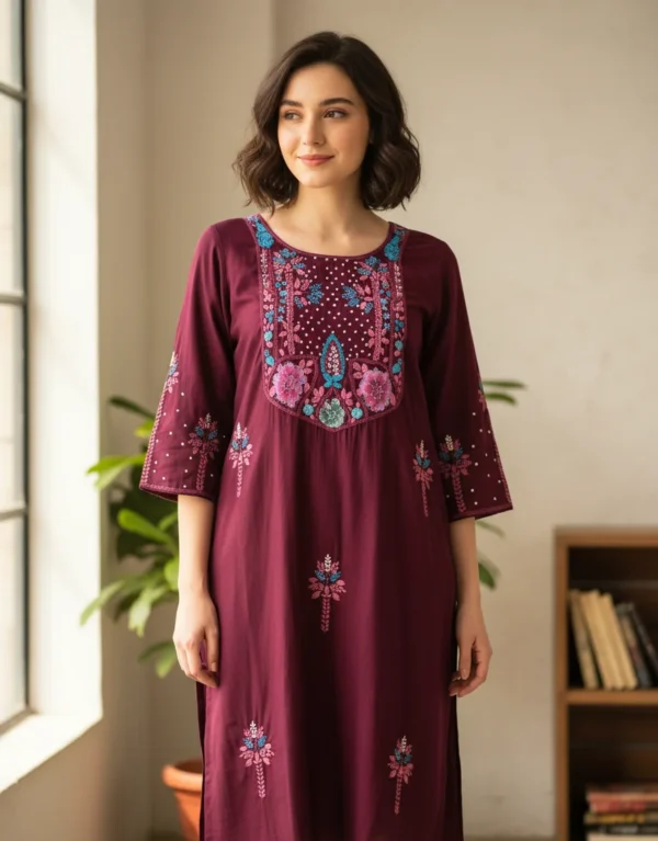 Maa N Mee Maroon Floral Embroidered Straight Kurti