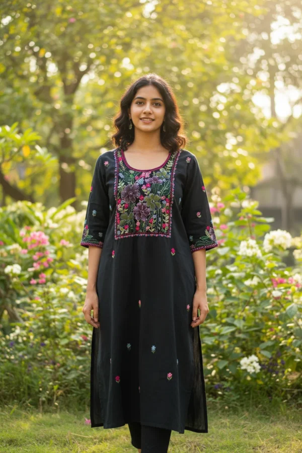 Maa N Mee Black Floral Yoke Embroidered Straight Kurti