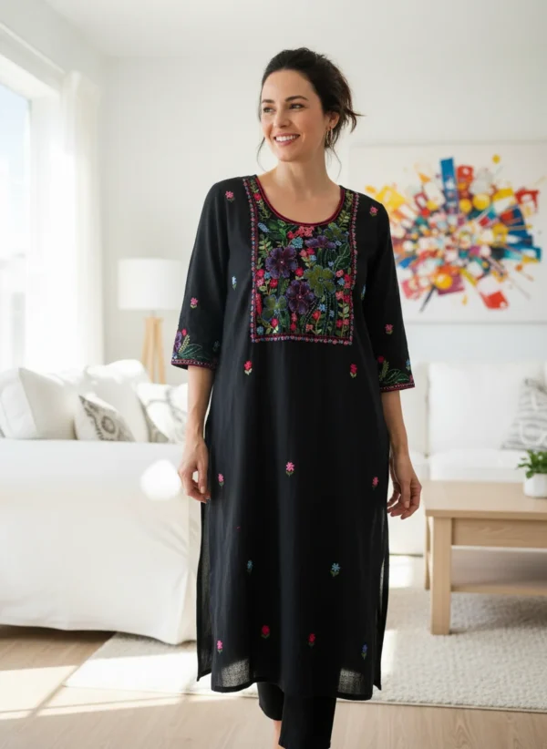 Maa N Mee Black Floral Yoke Embroidered Straight Kurti - Image 2