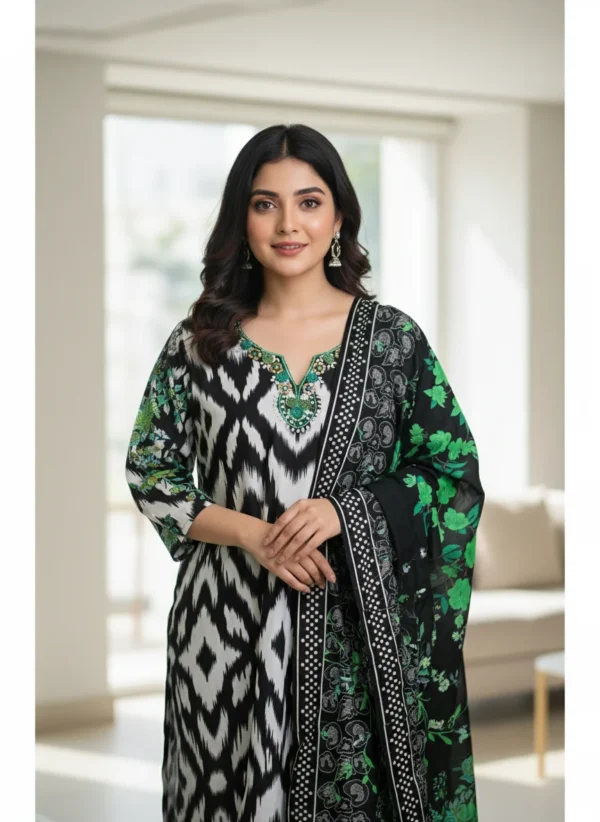 Maa N Mee Black & Green Ikat Printed Kurti with Dupatta