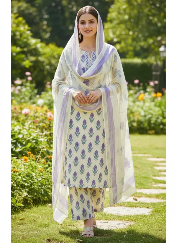 Maa N Mee Ivory-Lavender Printed Kurta Set