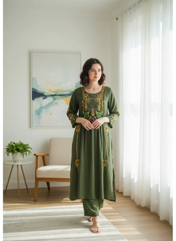 Maa N Mee Olive Green Artisanal Embroidered Kurta Set