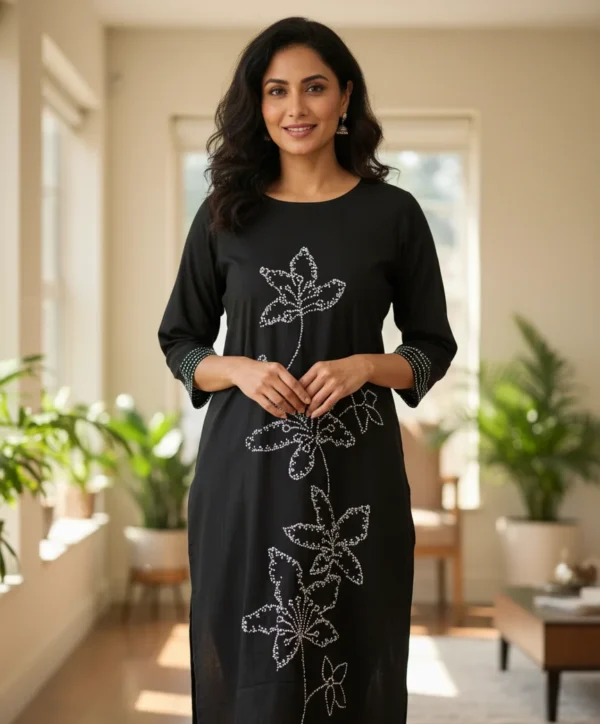 Maa N Mee Black Kantha-Inspired Floral Embroidered Kurti