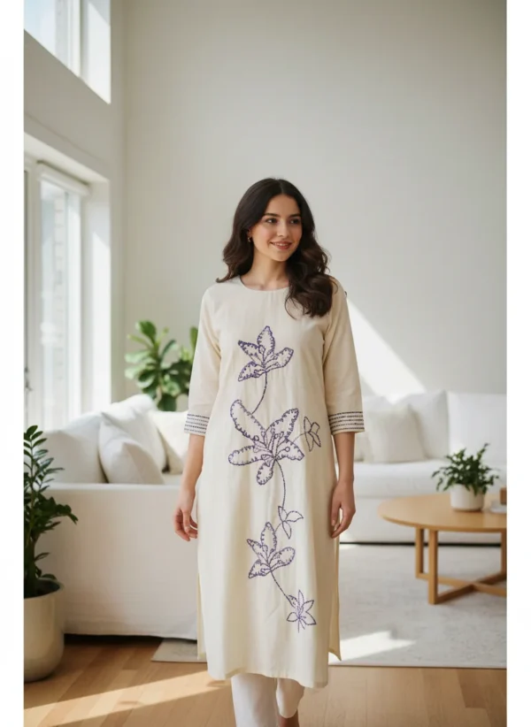 Maa N Mee Off-White & Purple Kantha-Inspired Embroidered Kurti