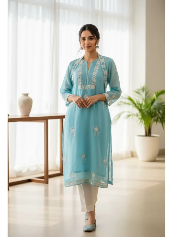 Maa N Mee Sky Blue Chikankari-Style Embroidered Kurti