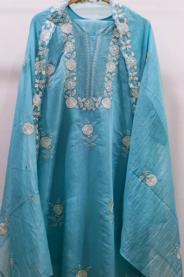 Maa N Mee Sky Blue Chikankari-Style Embroidered Kurti - Image 2