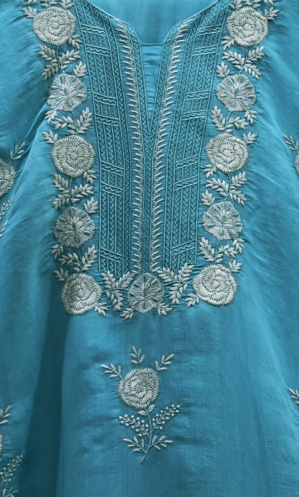 Maa N Mee Sky Blue Chikankari-Style Embroidered Kurti - Image 3