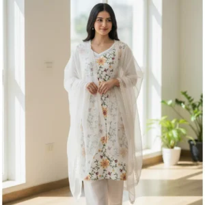 Maa N Mee White Floral & Butterfly Embroidered Kurta Set