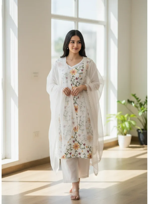 Maa N Mee White Floral & Butterfly Embroidered Kurta Set