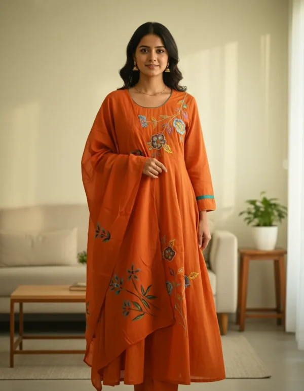 Maa N Mee Orange Floral Embroidered Asymmetrical Kurta Set