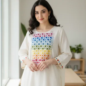 Maa N Mee Off-White Rainbow Embroidered Kurti
