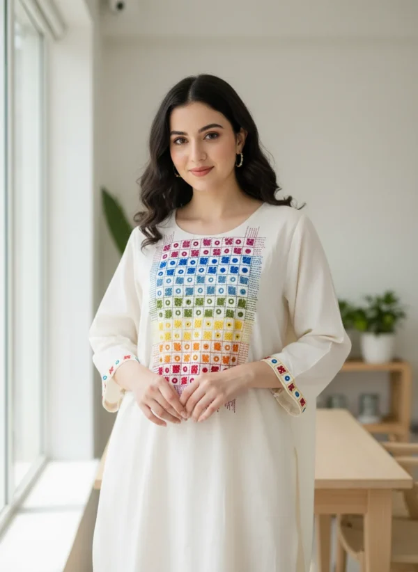 Maa N Mee Off-White Rainbow Embroidered Kurti