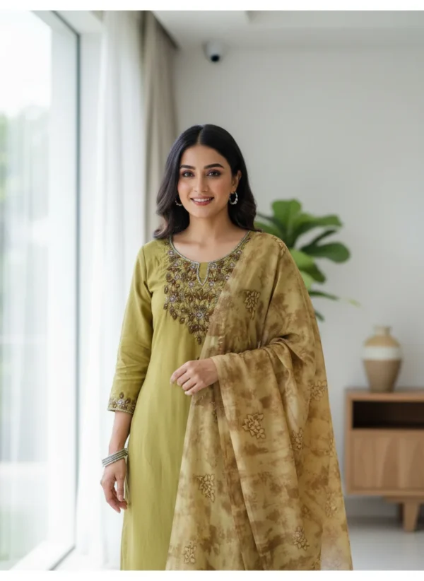 Maa N Mee Pista Green Embroidered Kurta Set