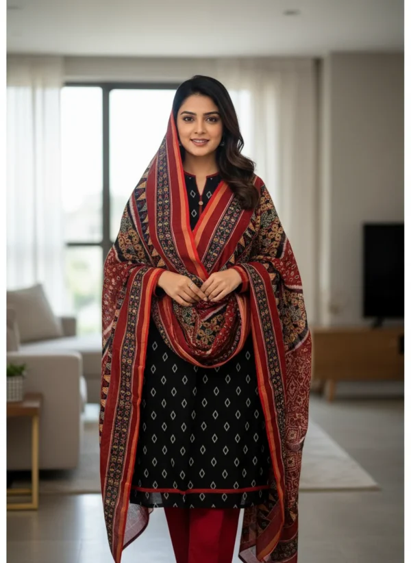 Maa N Mee Black & Red Printed Kurti with Dupatta