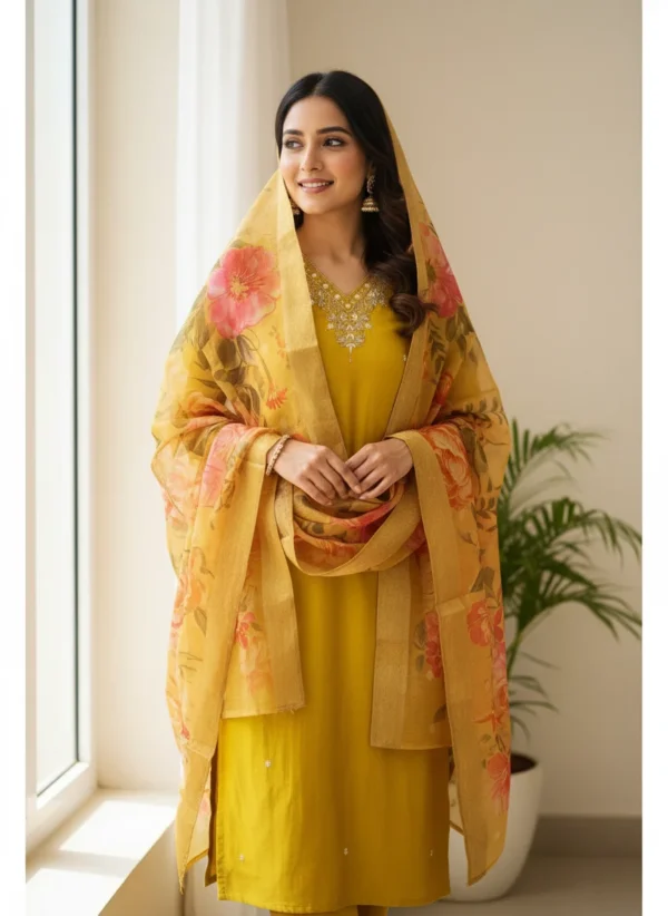 Maa N Mee Mustard Yellow Kurta Set with Floral Organza Dupatta
