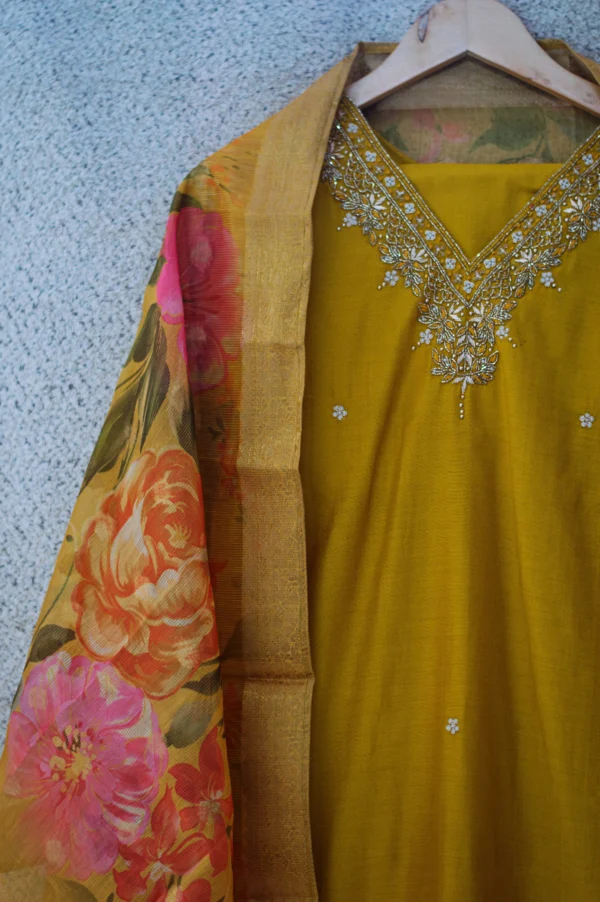 Maa N Mee Mustard Yellow Kurta Set with Floral Organza Dupatta - Image 2
