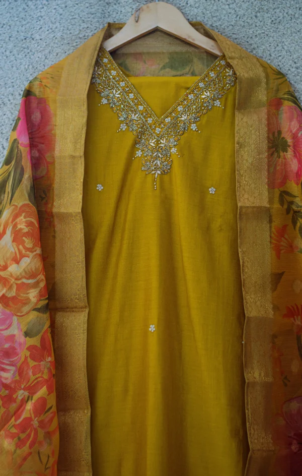 Maa N Mee Mustard Yellow Kurta Set with Floral Organza Dupatta - Image 3