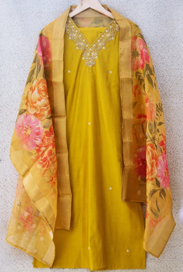 Maa N Mee Mustard Yellow Kurta Set with Floral Organza Dupatta - Image 4
