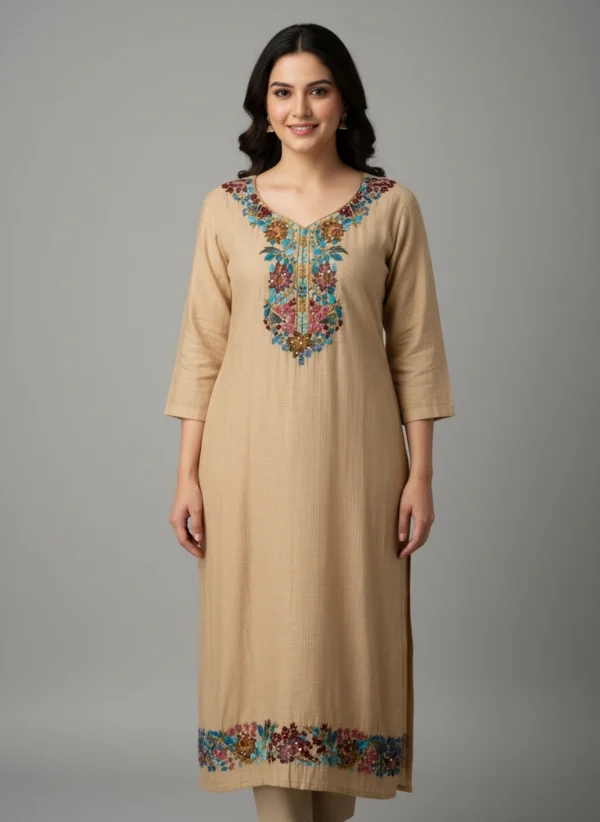 Maa N Mee Beige Kashmiri-Style Floral Embroidered Kurta Set