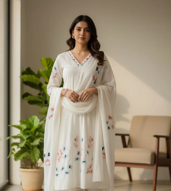 Maa N Mee White Layered Kurta with Floral Embroidery