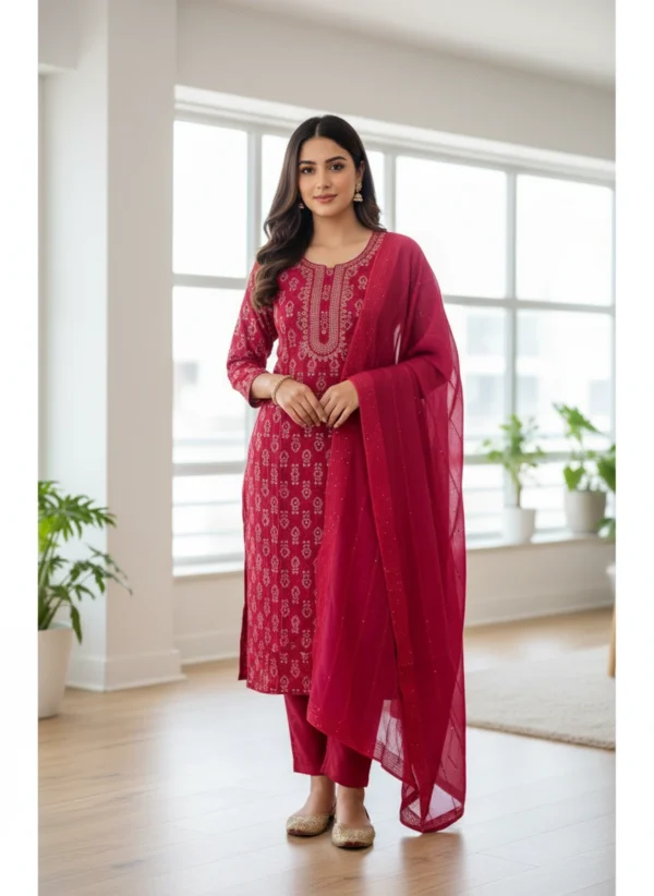 Maa N Mee Maroon Printed & Embroidered Kurta Set