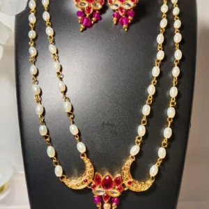 ShreeDa Ruby Lotus Pearl Long Necklace Set