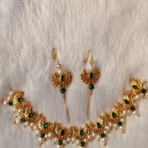 ShreeDa Emerald Chand Pearl Drop Necklace Set with Ear Cuffs