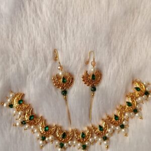 ShreeDa Emerald Chand Pearl Drop Necklace Set with Ear Cuffs
