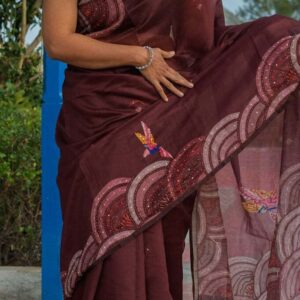 Wine Chandesri Saree with Handcrafted Catha Bird Motif