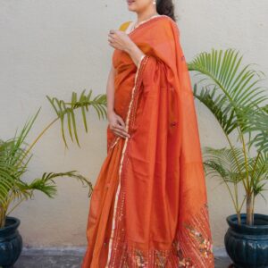 Rust Orange Tussar Silk Saree with Handcrafted Katha Work & Elegant Floral Butti