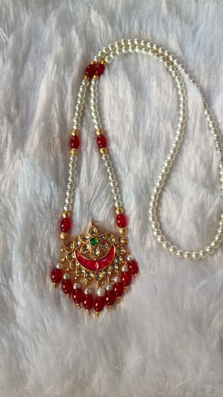 Vamika Chand Necklace | Pearl & Red Bead Ethnic Jewellery