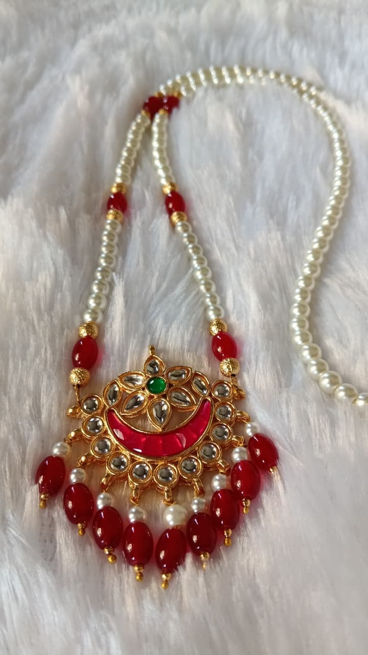 Vamika Chand Necklace | Pearl & Red Bead Ethnic Jewellery - Image 2