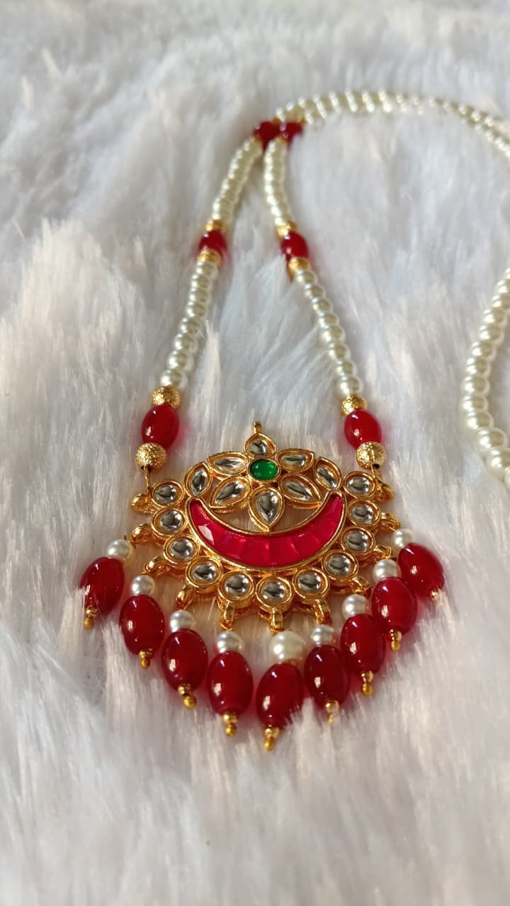 Vamika Chand Necklace | Pearl & Red Bead Ethnic Jewellery - Image 3