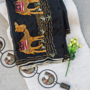 Black Tussar Silk Saree with Handcrafted Katha Camel Motif