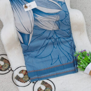 Blue White Tussar Saree with Elegant Floral Print