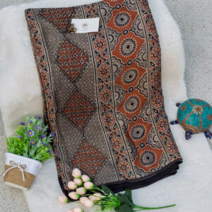 Grey and Rust Handblock Printed Modal Silk Saree
