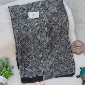 Grey Blue Handblock Printed Modal Silk Saree