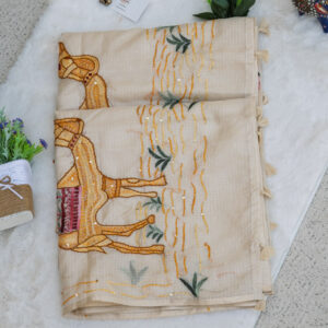 Ivory Tussar Silk Saree with Handcrafted Katha Camel Motif