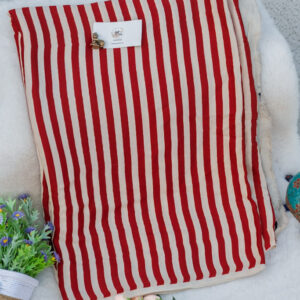 Red and White Striped Modal Silk Saree with Navy Blue Handblock Print